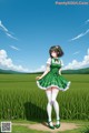 A girl in a green dress standing in a field.