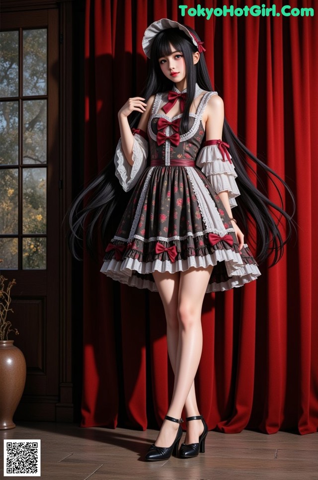 A woman with long black hair wearing a dress and hat.