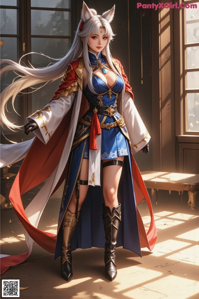 A woman dressed in a blue and red outfit with a cat ears head.