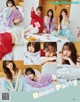 A collage of photos of a group of young women sitting on a bed.